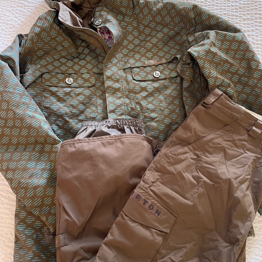 Burton Snowboard Ski Hooded Jacket & Snow Pants Entourage Brown/Green XL Nice!